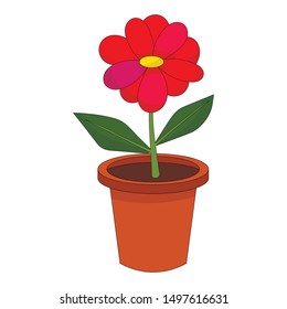 Bright cartoon flower in the pot isolated on white background. Vector illustration.   