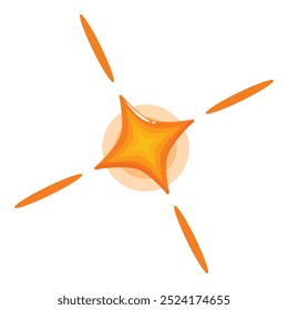 Bright cartoon four pointed star shining with orange light beams, isolated over white background
