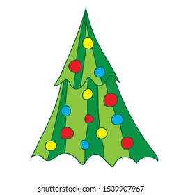 Bright cartoon freehand drawn vector illustration. Green Christmas tree decorated with colored balls garlands for New Year 2020 design, greeting cards, invitation, stickers.