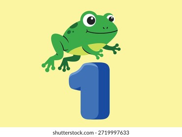 Bright cartoon frog perched on a blue number one