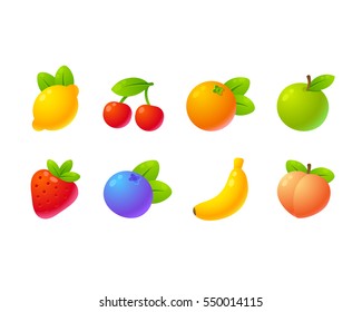 Bright cartoon fruit icon set: apple, strawberry, orange, peach, banana, cherry, lemon, blueberry. Isolated vector illustration.