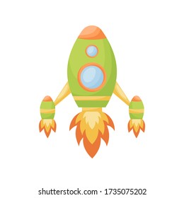 Bright cartoon green rocket with fire trace launched into space for design of album, scrapbook, card and invitation. Flat cartoon colorful vector illustration isolated on white background. 