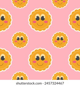  Bright cartoon groovy sun in 2000s style seamless pattern on pink background