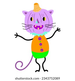 Bright cartoon halloween animal creature. Pumkin purple cat lantern for holiday decoration and gift card
