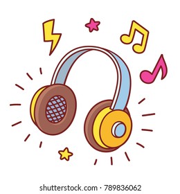 Bright cartoon headhpones drawing with cool comic style music notes and stars. Listening to music, vector illustration.