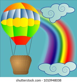 Bright, cartoon, high volume balloon with a basket in the sky among white clouds and a rainbow. Flying, happiness, freedom