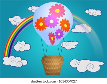 Bright, cartoon, high volume balloon with a basket in the sky among white clouds and a rainbow. Flying, happiness, freedom