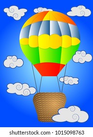 Bright, cartoon, high volume balloon with a basket in the sky among white clouds and a rainbow. Flying, happiness, freedom
