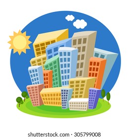Bright cartoon houses on a blue background. Vector illustration