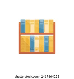 Bright cartoon illustration of books on the shelf. Graphic print concept of reading, knowledge, studying and education. Vector colorful school and science element