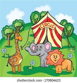 Bright cartoon illustration for children with the image of circus animals