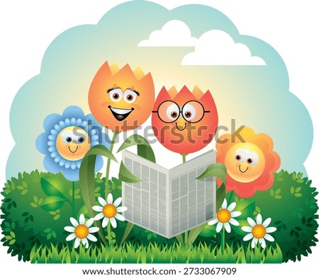 A bright cartoon illustration featuring smiling, anthropomorphic flowers enjoying time together in a sunny garden. Two tulip-like flowers read a newspaper or book while smaller flowers look on, creating a joyful springtime scene filled with nature and happiness.