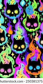 A bright cartoon illustration featuring stylized flaming cat skulls