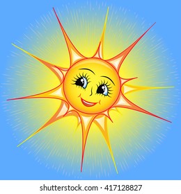 bright cartoon illustration of a smiling sun in the sky. cartoon sun. The sun is beautiful. The sun gives joy