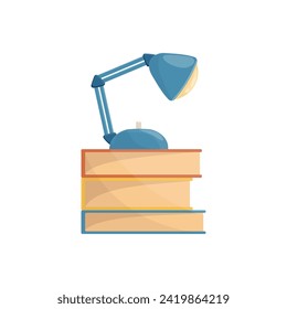 Brillante ilustración de caricatura de pila de libros y lámpara de mesa para estudiar. Concepto gráfico impreso de lectura, conocimiento y educación. Colorido vector escuela y elemento científico
