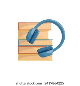 Bright cartoon illustration of stack of books and headphones.  Graphic print concept of reading, knowledge, studying and education. Vector colorful school and science element