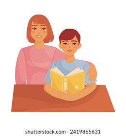 Bright cartoon illustration of young boy pupil studying with mother and reading book. Graphic print concept of knowledge and education. Vector colorful school and science element
