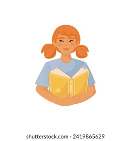 Bright cartoon illustration of young redhead girl pupil reading book. Graphic print concept of knowledge, studying and education. Vector colorful school and science element