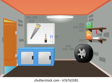 Bright cartoon interior of the garage. Vector flat illustration