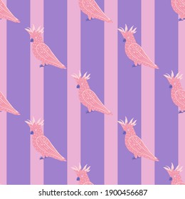 Bright cartoon kids seamless pattern with pink diagonal cackatoo parrot shapes. Purple striped background. Flat vector print for textile, fabric, giftwrap, wallpapers. Endless illustration.