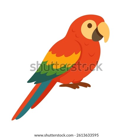 Bright cartoon macaw parrot with rainbow feathers. Flat vector illustration of exotic pet bird.
