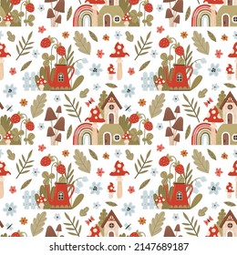 Bright cartoon pattern with fly agaric houses, forest plants, mushrooms and berries. Cottage core style background with fantasy forest illustrations.