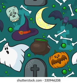 Bright cartoon pattern for Halloween. Vector seamless pattern. Pumpkin, ghost, bat, withes hat and bowl and other items on Halloween theme. 