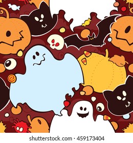 Bright cartoon pattern for Halloween. Vector seamless Halloween pattern.
Image doesn't  contain gradients, transparency, blending modes. EPS 10.