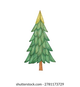 Bright cartoon pine tree with layered green needles and brown trunk