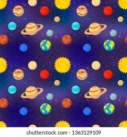 A lot of bright cartoon planets of solar system on deep space background, seamless pattern