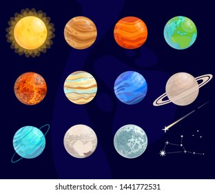 Bright, cartoon planets. Vector isolated objects.