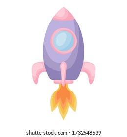 Bright cartoon purple-pink rocket with fire trace launched into space for design of album, scrapbook, card and invitation. Flat cartoon colorful vector illustration isolated on white background. 