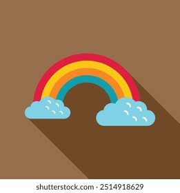 Bright cartoon rainbow with fluffy clouds on each side