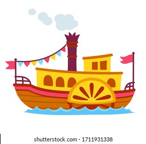 Bright cartoon retro steamboat and side paddle wheel  Old vintage ship vector illustration  cute   simple drawing 