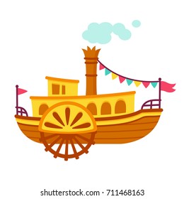 Bright cartoon retro steamboat with side paddle wheel. Old vintage ship vector illustration.