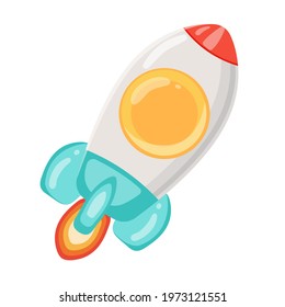 Bright cartoon rocket flying upwards isolated on white background. Vector stylized picture of a space ship. Shuttle launch, clipart.