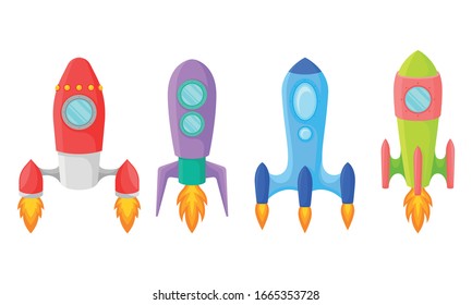 Bright Cartoon Rockets Taking Off from the Ground Vector Set