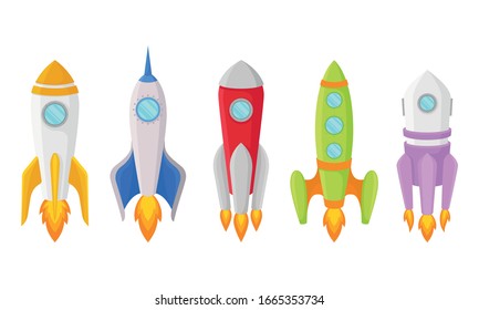 Bright Cartoon Rockets Taking Off from the Ground Vector Set