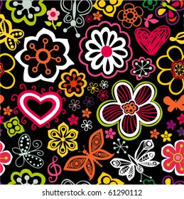 Bright cartoon seamless pattern with flowers and butterflies