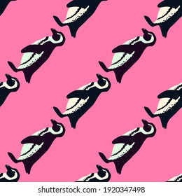 Bright cartoon seamless pattern with hand drawn penguins silhouettes. Pink background. Animal print. Perfect for fabric design, textile print, wrapping, cover. Vector illustration.