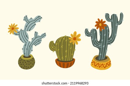 Bright cartoon set of cactuses. Mexican theme.