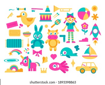 Bright cartoon set of kids toys isolated on white. Collection for educational game design for childrens, shop set. Toys clipart. Vector stock illustration. Doll, rabbit, drum, transport and so on.