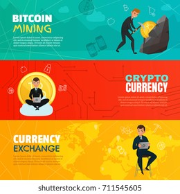 Bright cartoon set of three horizontal bitcoin mining and cryptocurrency banners isolated on colorful background vector illustration