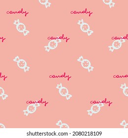 Helle Cartoon-Stil, Süßigkeiten, Vektormuster auf rosafarbenem Hintergrund. Weiße ausgekleidete Doodle-Bonbons. Mädchen, süßer Hintergrund. Rosa Kalligraphie-Schrift. Süßigkeiten, Bonbons. Funky-Stil. Schleifpapier. Bildschirmhintergrund