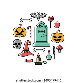 Bright cartoon style halloween elemnts set on white background