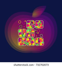 Bright cartoon style inscription Go Vegan and transparency silhouette apple on dark blue background. Can be used for promotions, invitations, card, posters and other design.