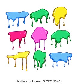 Bright cartoon style liquid blobs in vibrant pink, yellow, blue, and green colors, creating a fun and glossy design element with a dripping, melting effect