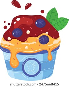 Bright cartoon style overflowing ice cream illustration. Overflowing dessert blue cup melted berry topping splashes. Sweet treat blueberry jam dripping sprinkles mint leaf