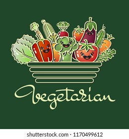 Bright cartoon style vegetables and handwritten word Vegetarian isolated on green background. Can be used for promotions, invitations, card, posters and other design. Vector.