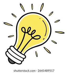 Bright cartoon style yellow lightbulb, with black outlines, casts an effect of radiating light on a plain background. This stylized bulb represents creativity, invention, or new ideas.